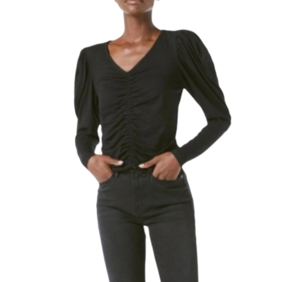NWT Joie Black Long-Sleeve Ruched Bodycon Puff Sleeve Blouse - Picture 1 of 7